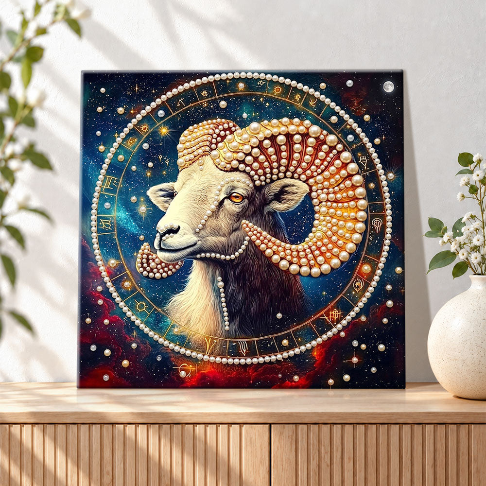 Finished aries ram with zodiac starry sky pearl diamond painting artwork displayed as holiday home decor