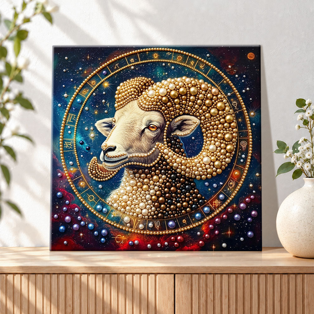 Finished aries zodiac ram pearl diamond painting artwork displayed as holiday home decor