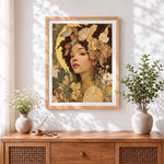 Finished art nouveau floral woman cross stitch artwork displayed