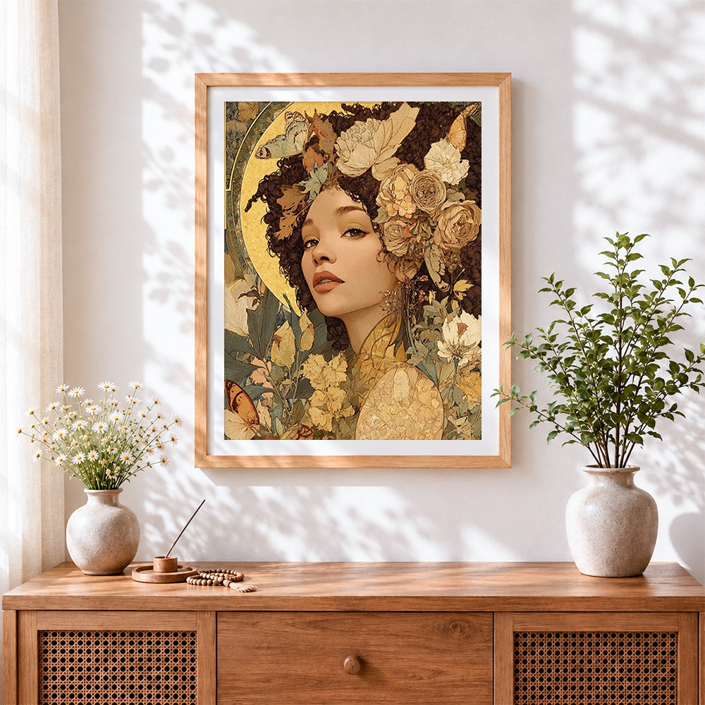 Finished art nouveau floral woman cross stitch artwork displayed