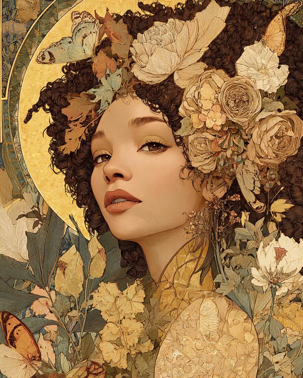 Art nouveau floral woman cross stitch kit for beginners
