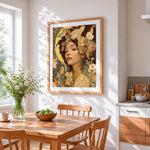 Art nouveau floral woman cross stitch artwork displayed on wall as home decor
