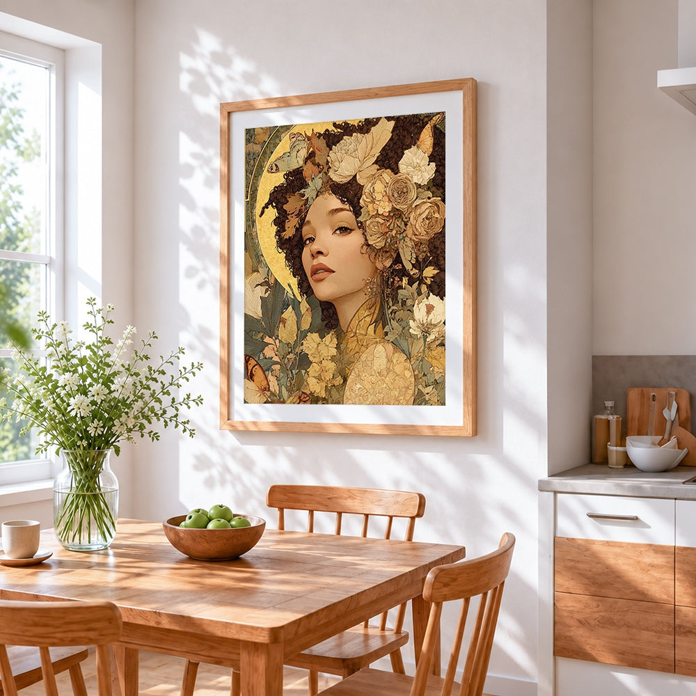 Art nouveau floral woman cross stitch artwork displayed on wall as home decor