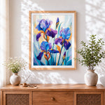Finished art nouveau irises cross stitch artwork displayed