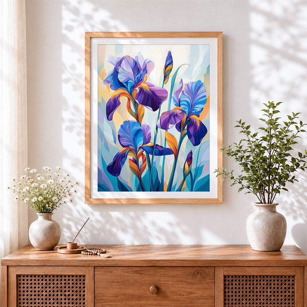 Finished art nouveau irises cross stitch artwork displayed