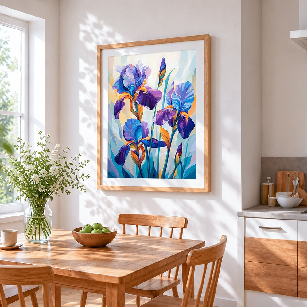 Art nouveau irises cross stitch artwork displayed on wall as home decor