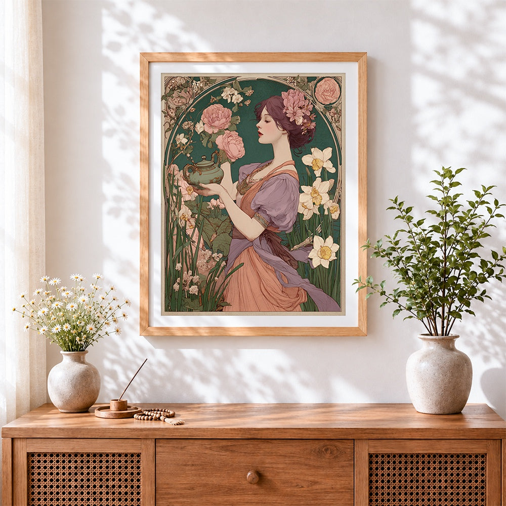 Finished art nouveau woman with teapot cross stitch artwork displayed