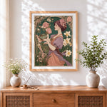 Finished art nouveau woman with teapot cross stitch artwork displayed