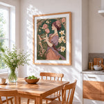 Art nouveau woman with teapot cross stitch artwork displayed on wall as home decor