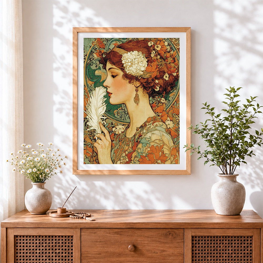 Finished art nouveau woman with white feather cross stitch artwork displayed