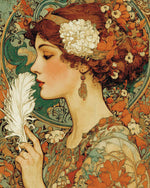 Art nouveau woman with white feather cross stitch kit for beginners