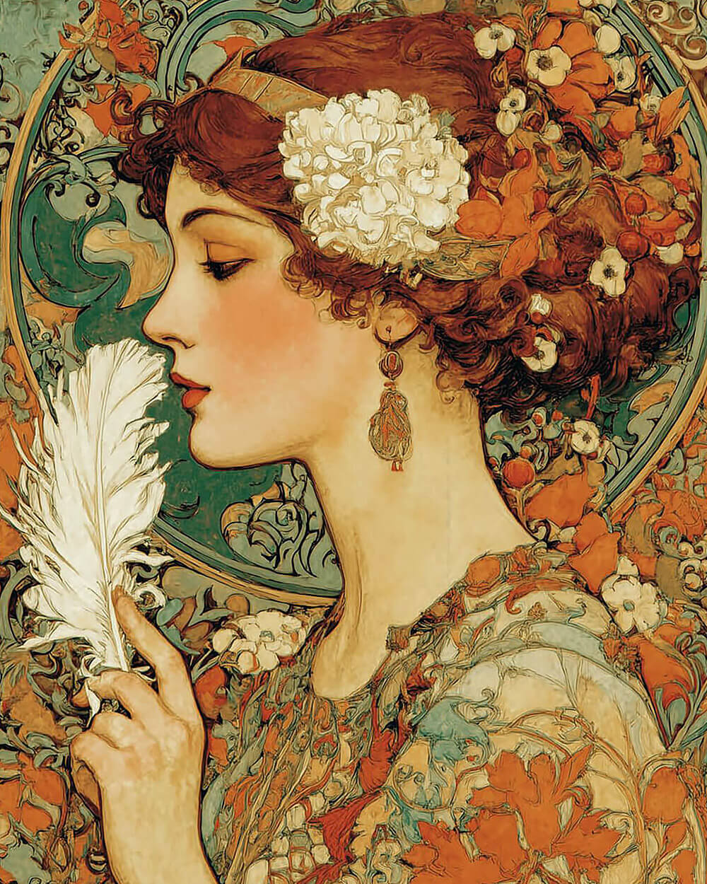 Art nouveau woman with white feather cross stitch kit for beginners