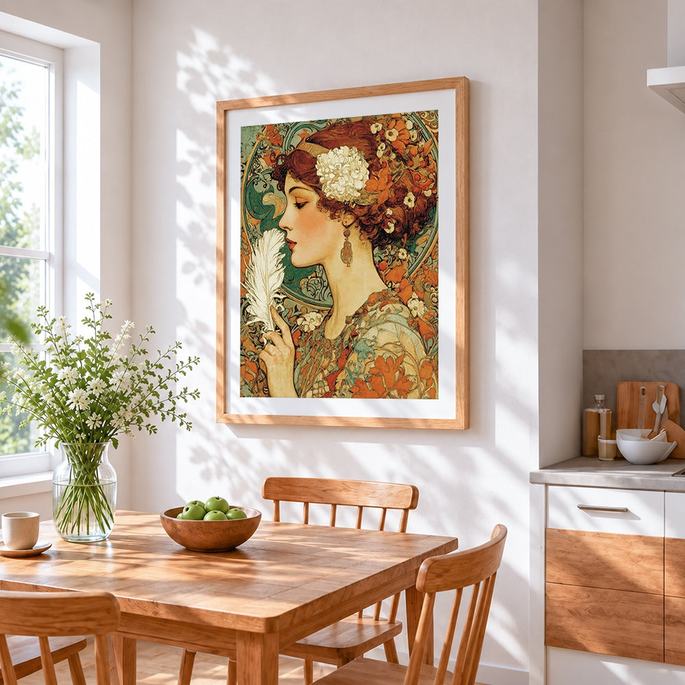 Art nouveau woman with white feather cross stitch artwork displayed on wall as home decor