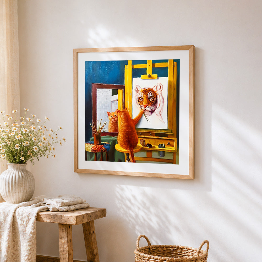 Artist cat painting a tiger cross stitch artwork displayed on wall as home decor