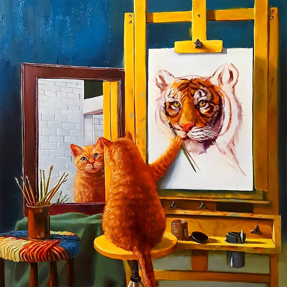 Artist cat painting a tiger paint by numbers kit for beginners