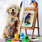 Artist golden retriever painting a kingfisher cross stitch kit for beginners