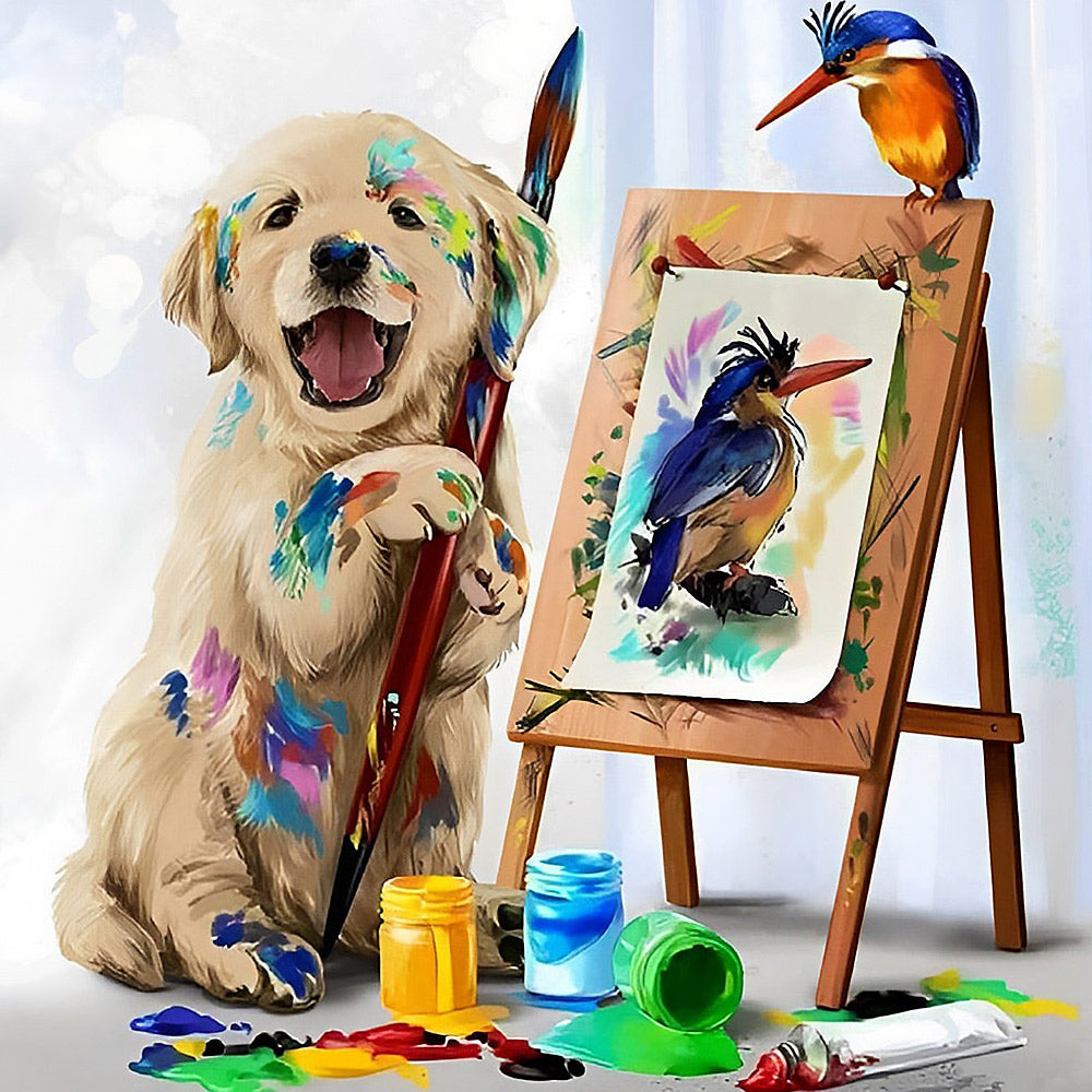 Artist golden retriever painting a kingfisher cross stitch kit for beginners