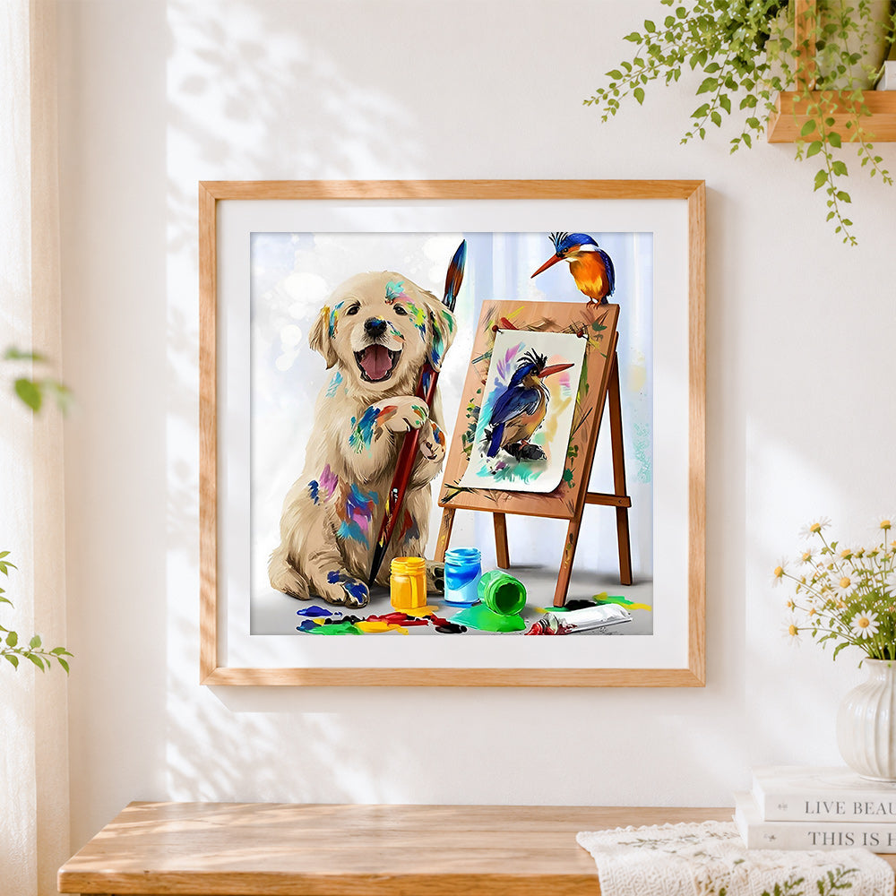 Finished artist golden retriever painting a kingfisher paint by numbers artwork displayed as home decor