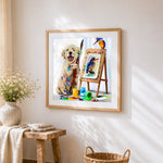 Artist golden retriever painting a kingfisher paint by numbers artwork displayed on wall as home decor