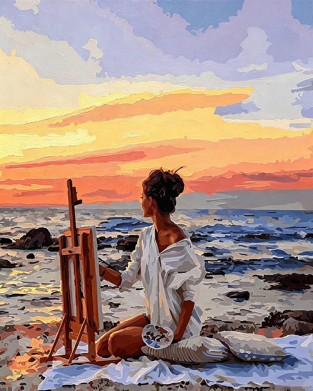 Artist painting on beach cross stitch kit for beginners