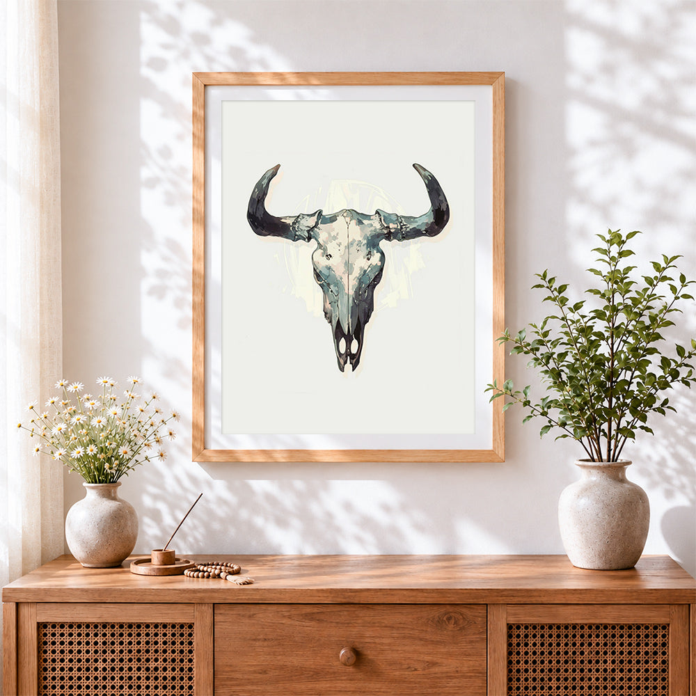 Finished artistic bull skull cross stitch artwork displayed
