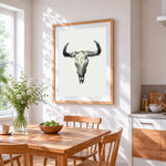 Artistic bull skull cross stitch artwork displayed on wall as home decor