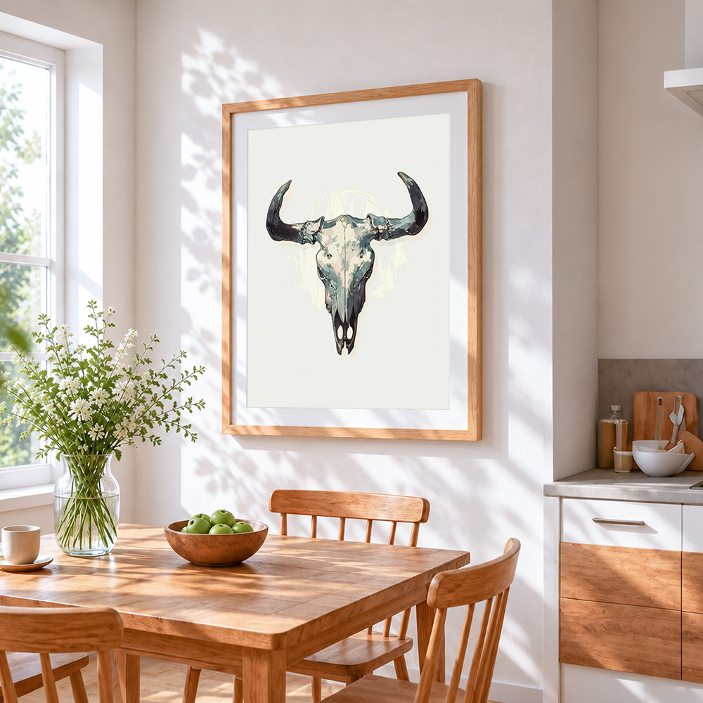 Artistic bull skull cross stitch artwork displayed on wall as home decor