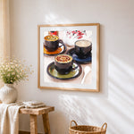 Artistic latte art in black cups cross stitch artwork displayed on wall as home decor