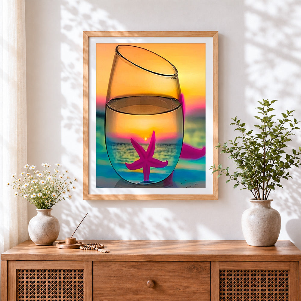 Finished artistic starfish in glass sunset cross stitch artwork displayed