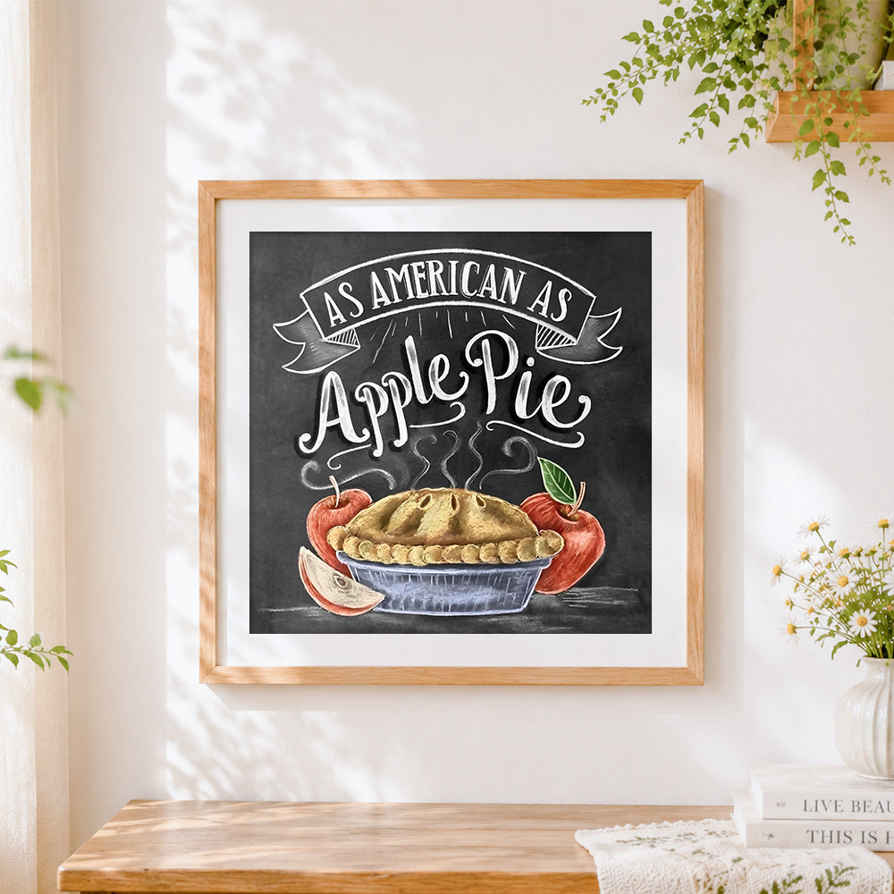 Finished as american as apple pie chalkboard print cross stitch artwork displayed