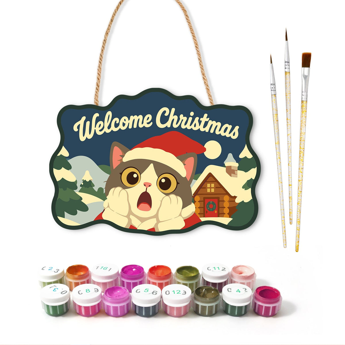 Astonished cat in moonlit hills paint by numbers door hanger with paints and brushes