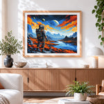 Finished astronaut and blue planet paint by numbers artwork displayed as home decor