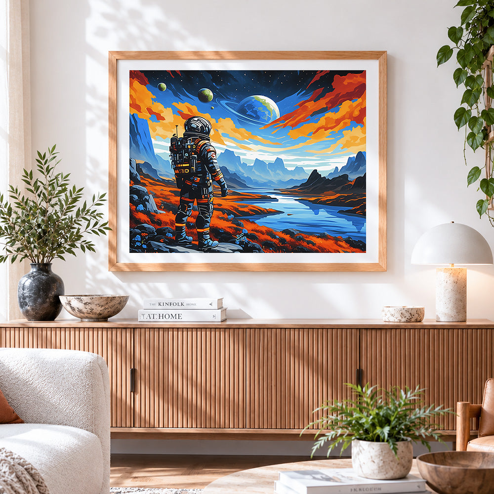 Finished astronaut and blue planet paint by numbers artwork displayed as home decor