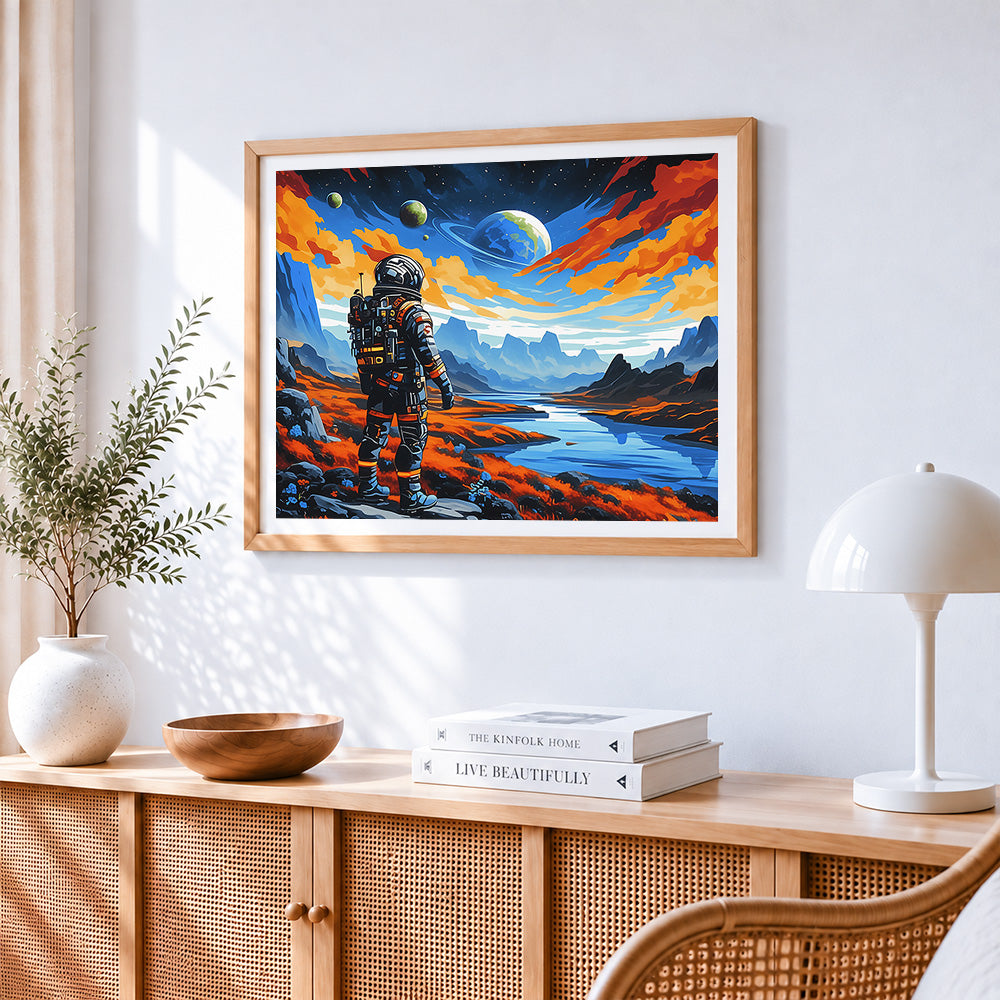 Astronaut and blue planet paint by numbers artwork displayed on wall as home decor