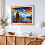 Astronaut and blue planet paint by numbers artwork displayed on wall as home decor