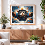 Finished astronaut cat in space cross stitch artwork displayed
