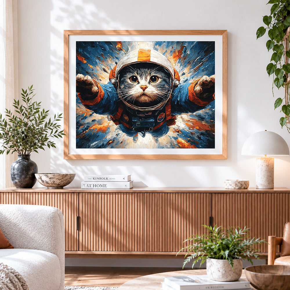 Finished astronaut cat in space paint by numbers artwork displayed as home decor