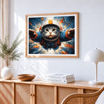 Astronaut cat in space paint by numbers artwork displayed on wall as home decor