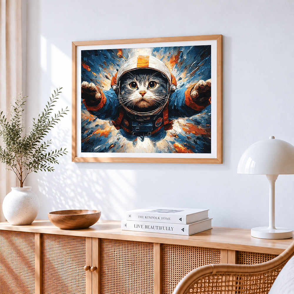 Astronaut cat in space paint by numbers artwork displayed on wall as home decor