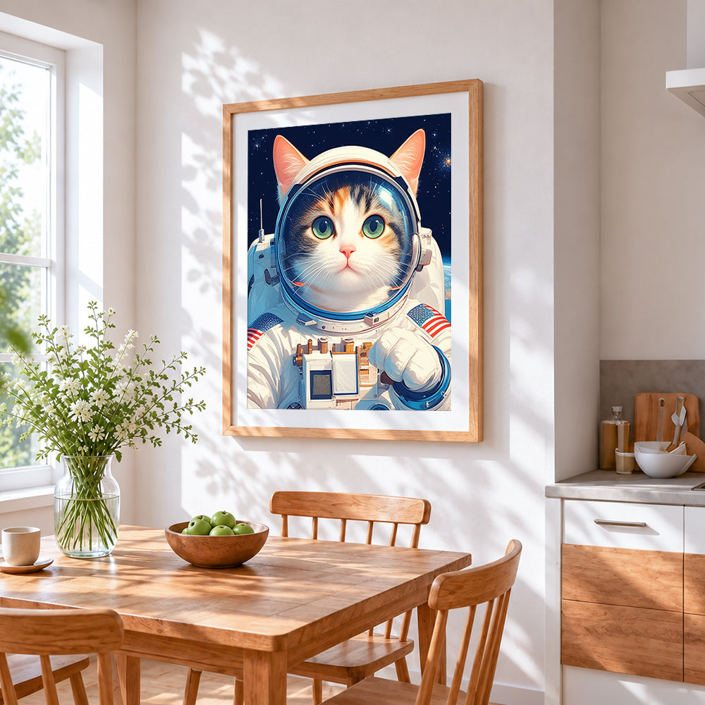 Astronaut cat in space suit cross stitch artwork displayed on wall as home decor