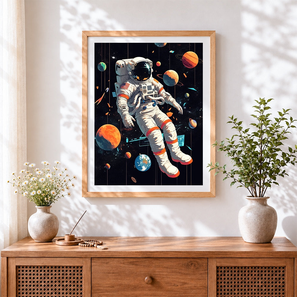 Finished astronaut floating among planets cross stitch artwork displayed