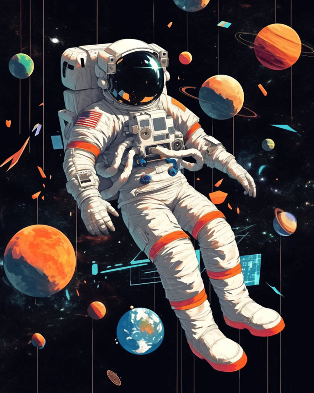 Astronaut floating among planets cross stitch kit for beginners