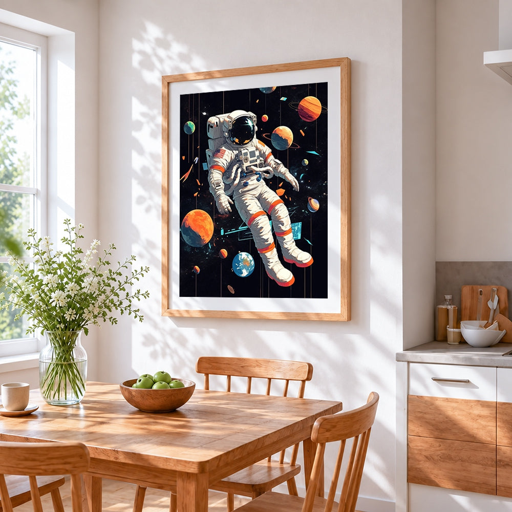 Astronaut floating among planets cross stitch artwork displayed on wall as home decor