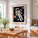 Astronaut floating among planets cross stitch artwork displayed on wall as home decor