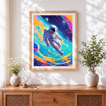 Finished astronaut floating in colourful space cross stitch artwork displayed