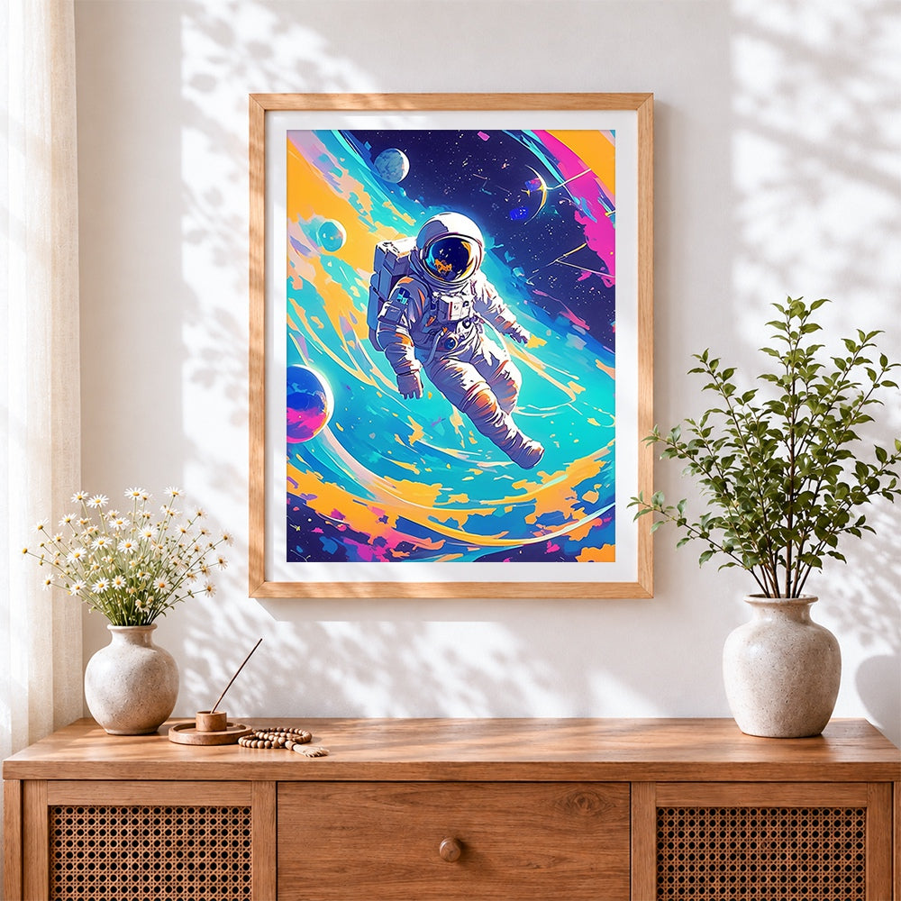 Finished astronaut floating in colourful space cross stitch artwork displayed