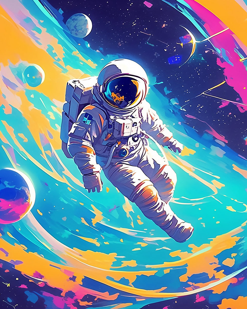 Astronaut floating in colourful space cross stitch kit for beginners