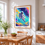 Astronaut floating in colourful space cross stitch artwork displayed on wall as home decor
