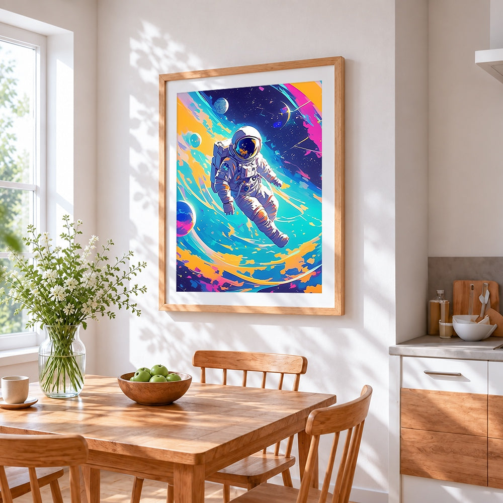 Astronaut floating in colourful space cross stitch artwork displayed on wall as home decor