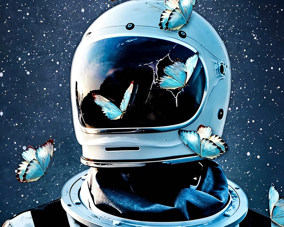 Astronaut helmet with blue butterflies cross stitch kit for beginners